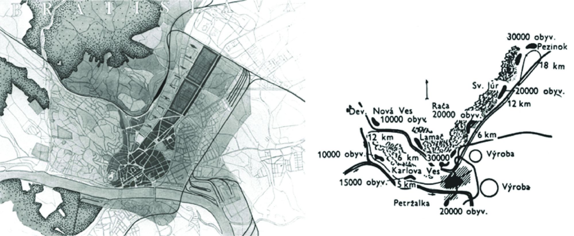 obr.  9 - Vľavo štúdia na smerný územný plán Bratislavy,  vpravo rozloženie nových sídlisk s počtom obyvateľov (Hruška, 1971)